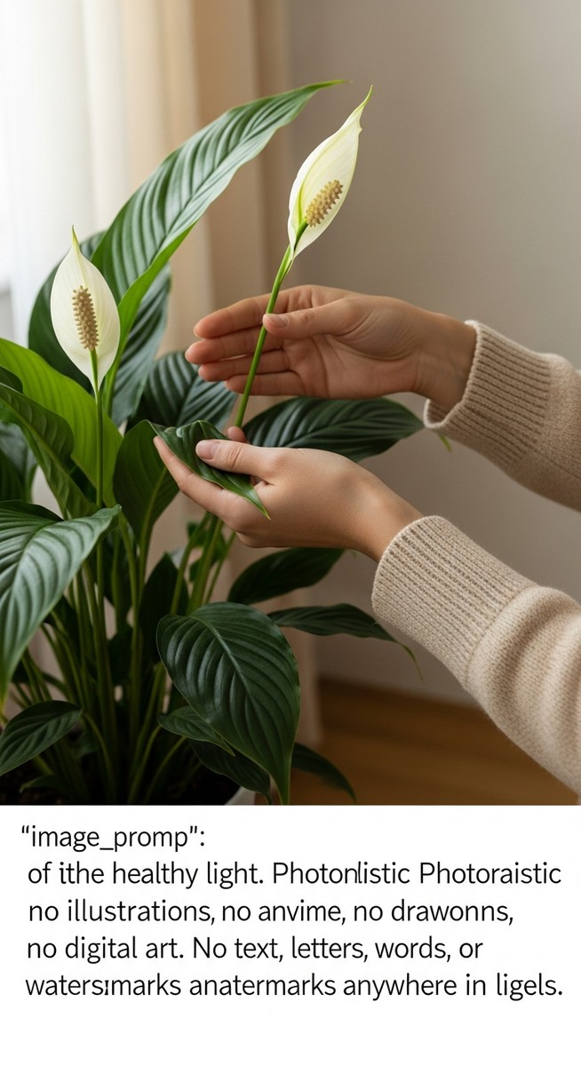 hands touching the leaves of a healthy peace lily plant