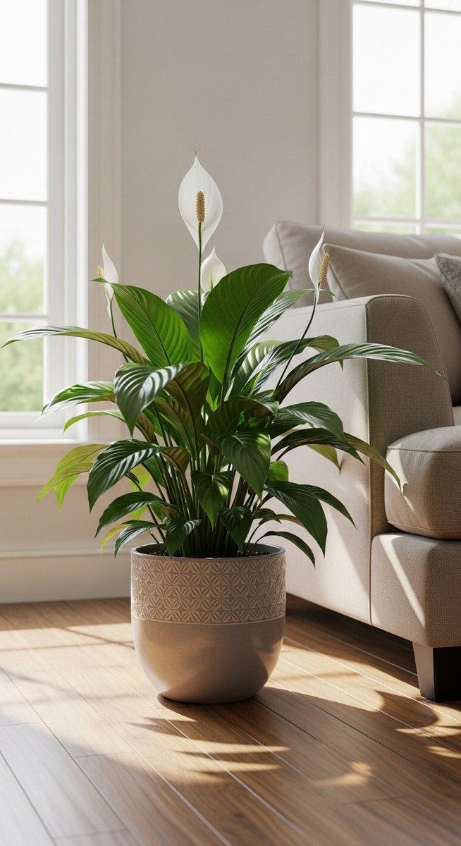 a peace lily plant in a decorative pot on a wooden floor