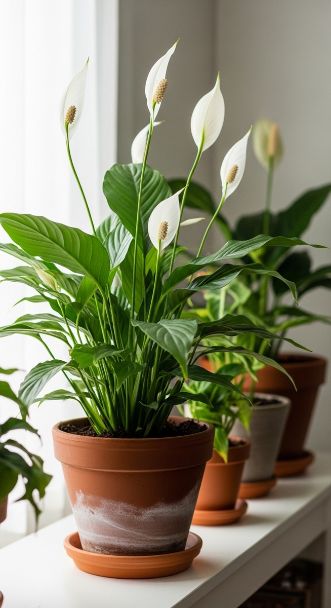 a lush peace lily plant in a terracotta pot on a white shelf