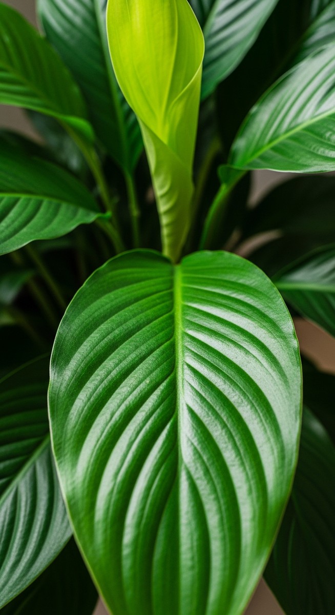 close-up of healthy peace lily leaves showing vivid colour and texture, for peace lily care tips