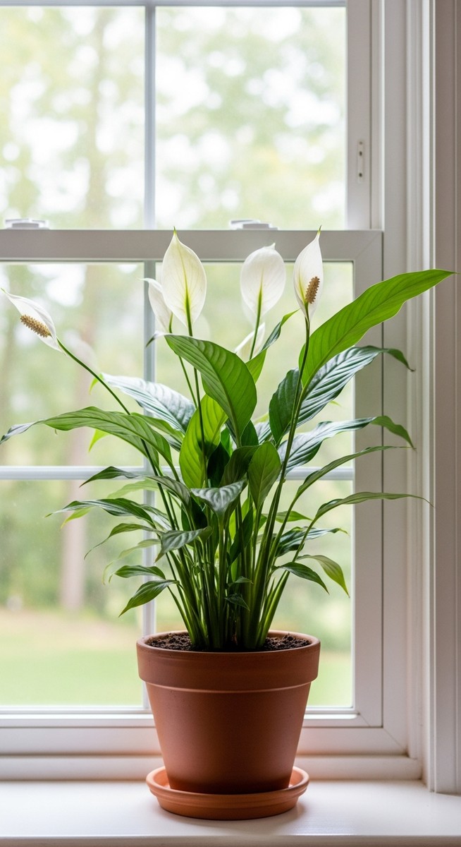a peace lily plant in a pot near a bright window