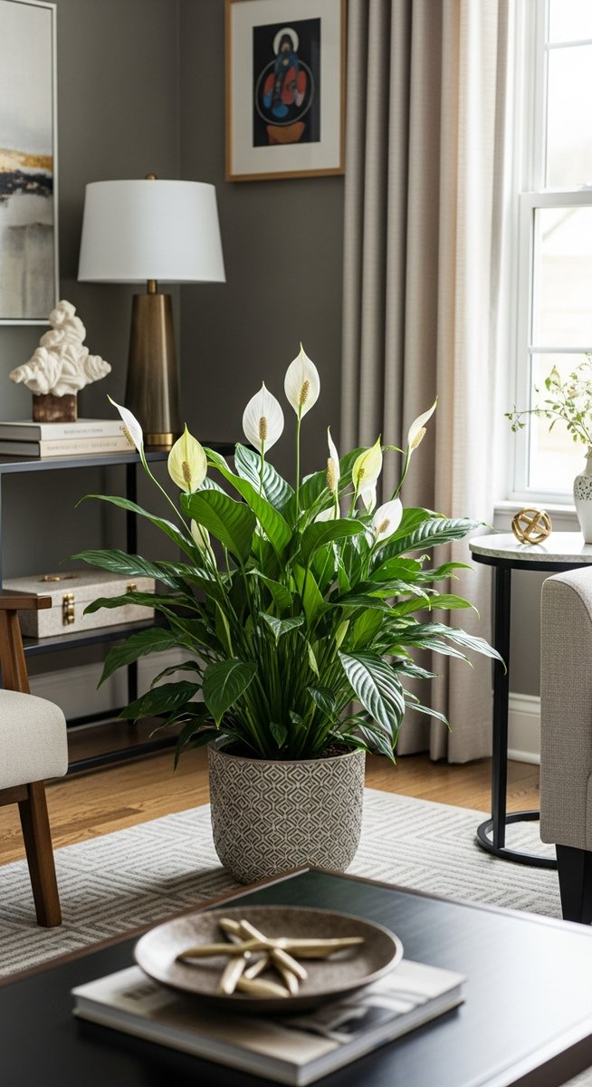 a large thriving peace lily plant as a living room focal point, for peace lily care tips