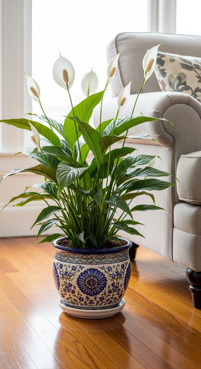 a peace lily plant in a decorative pot on a wooden floor