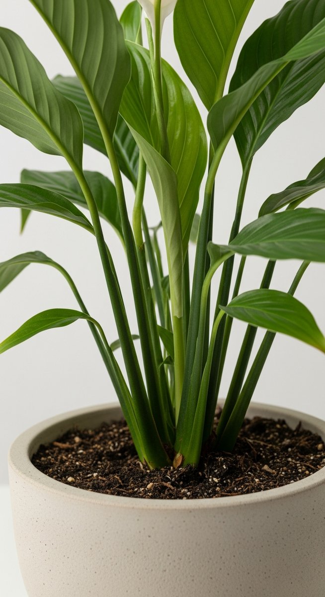 close-up of the base and lower leaves of a peace lily plant, for peace lily care tips