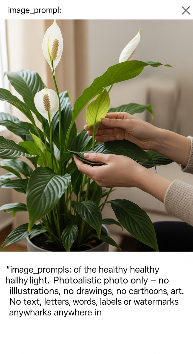 hands touching the leaves of a healthy peace lily plant