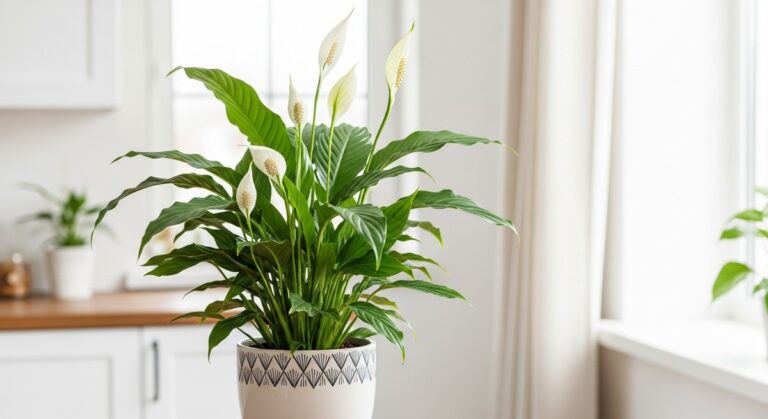 a healthy peace lily plant displayed in a bright modern living room, for peace lily care tips