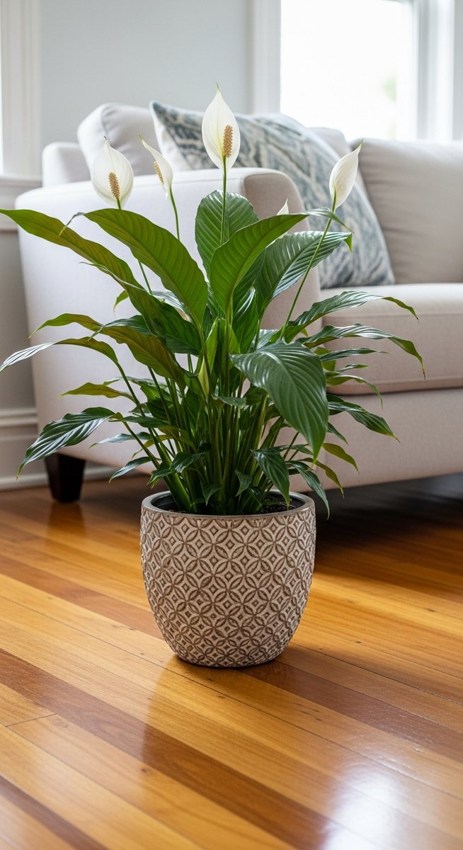 a peace lily plant in a decorative pot on a wooden floor