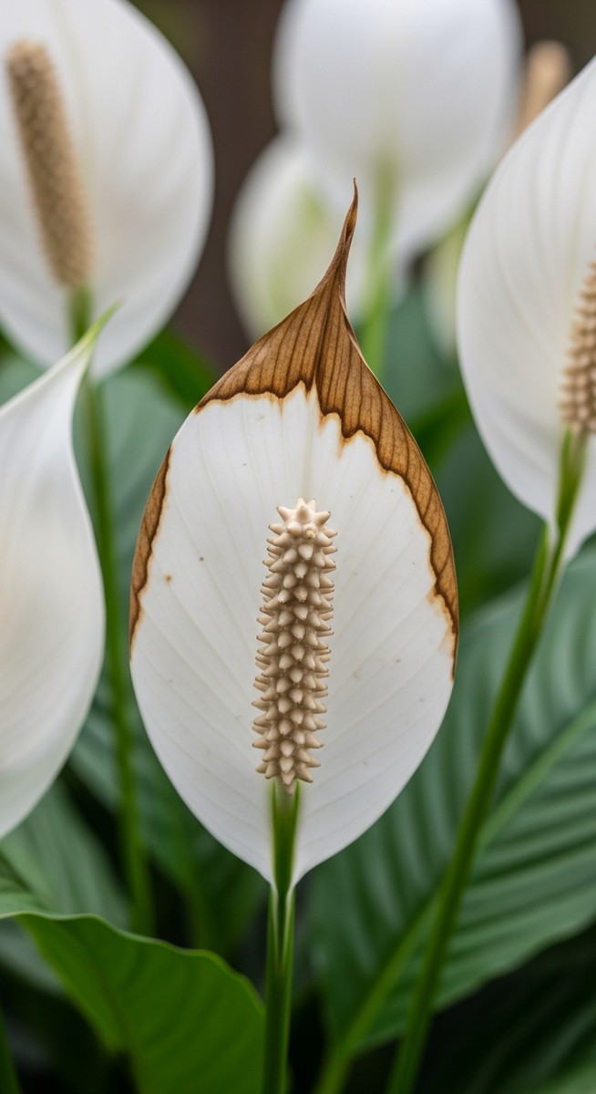 Close-up of a peace lily flower spathe that has turned brown or has brown edges, for peace lily flower brown