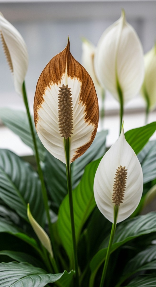 Close-up of a peace lily flower spathe that has turned brown or has brown edges