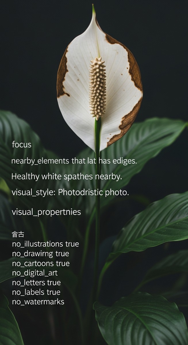 Close-up of a peace lily flower spathe that has turned brown or has brown edges, for peace lily flower brown