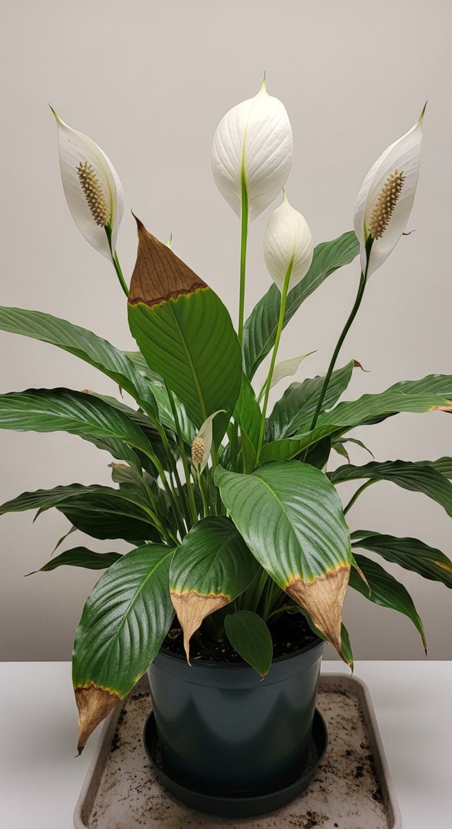 Close-up of a peace lily flower spathe that has turned brown or has brown edges