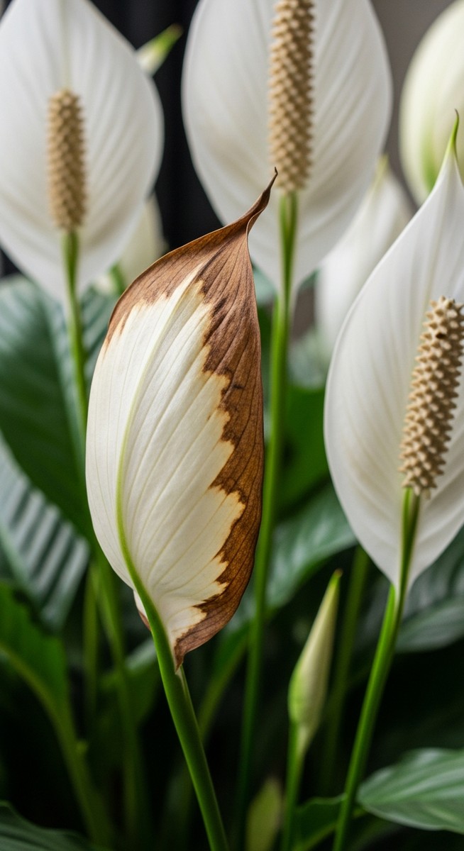 Close-up of a peace lily flower spathe that has turned brown or has brown edges, for peace lily flower brown