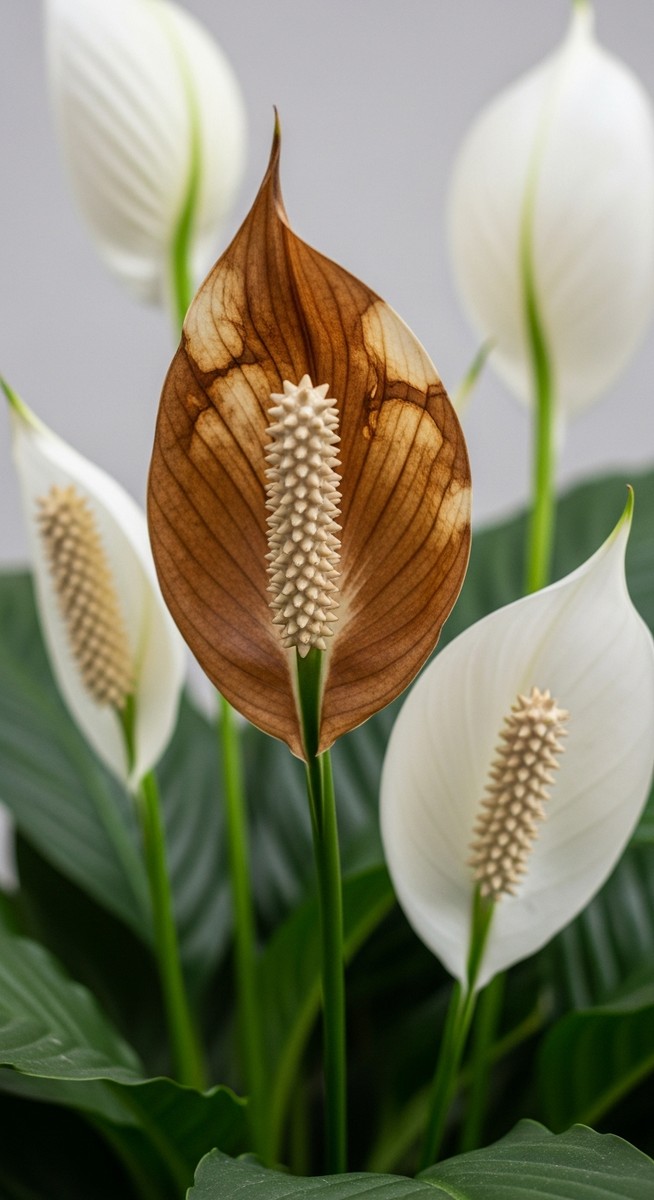 Close-up of a peace lily flower spathe that has turned brown or has brown edges