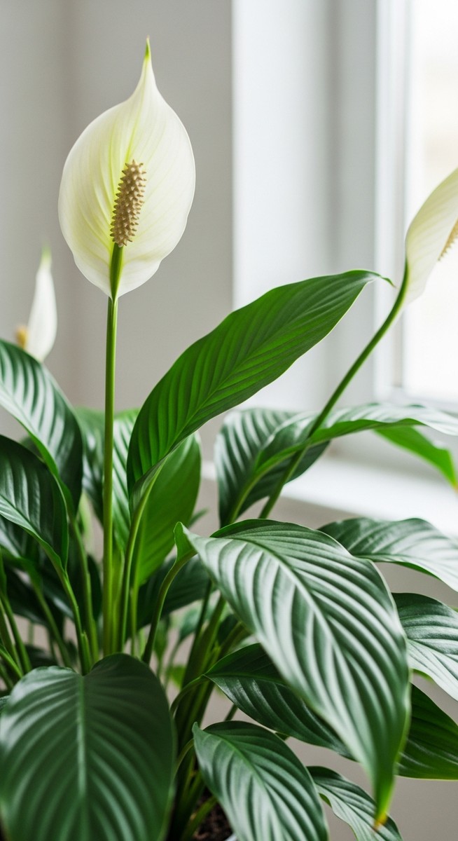 close-up of peace lily leaves looking lush in a bright home interior
