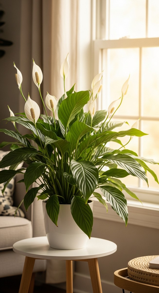 a peace lily thriving in a bright home interior, for peace lily light needs