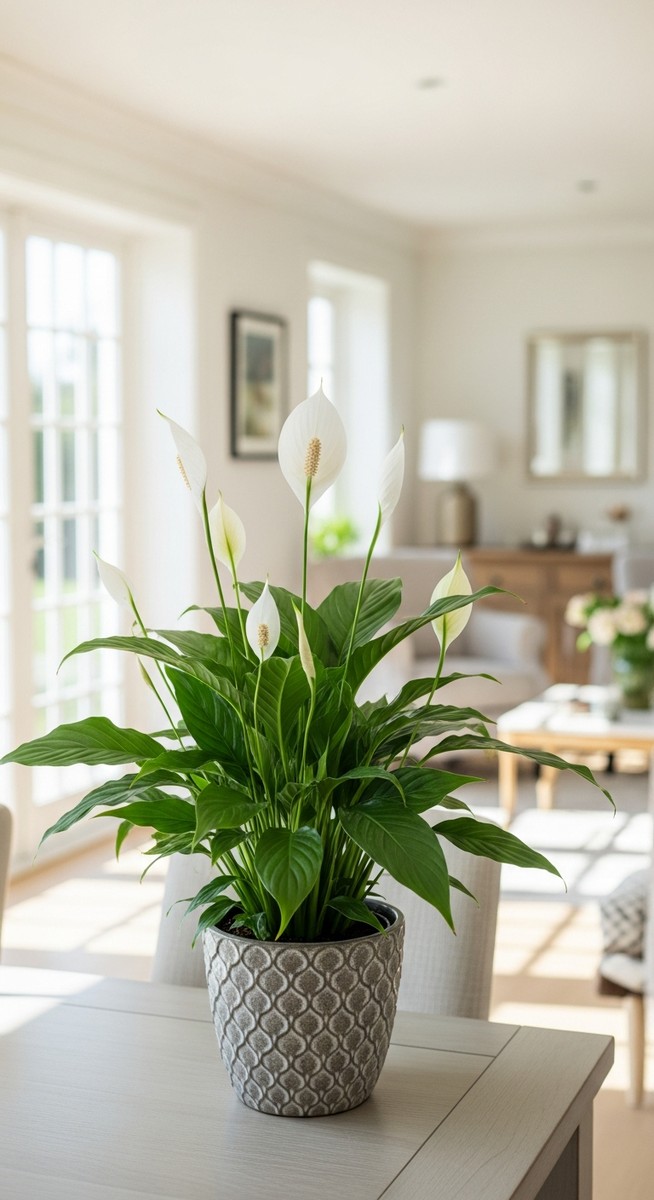 wide shot of a peace lily positioned in a bright home interior