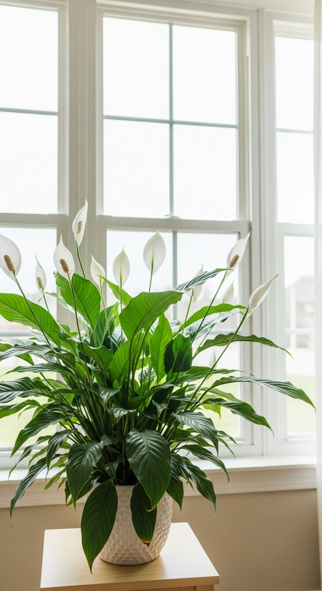 a peace lily growing toward the light source in a bright home interior, for peace lily light needs