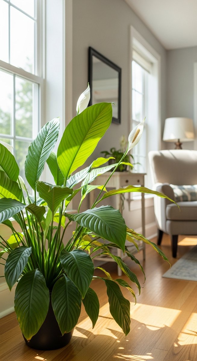 a peace lily with its leaves oriented toward the light in a bright home interior