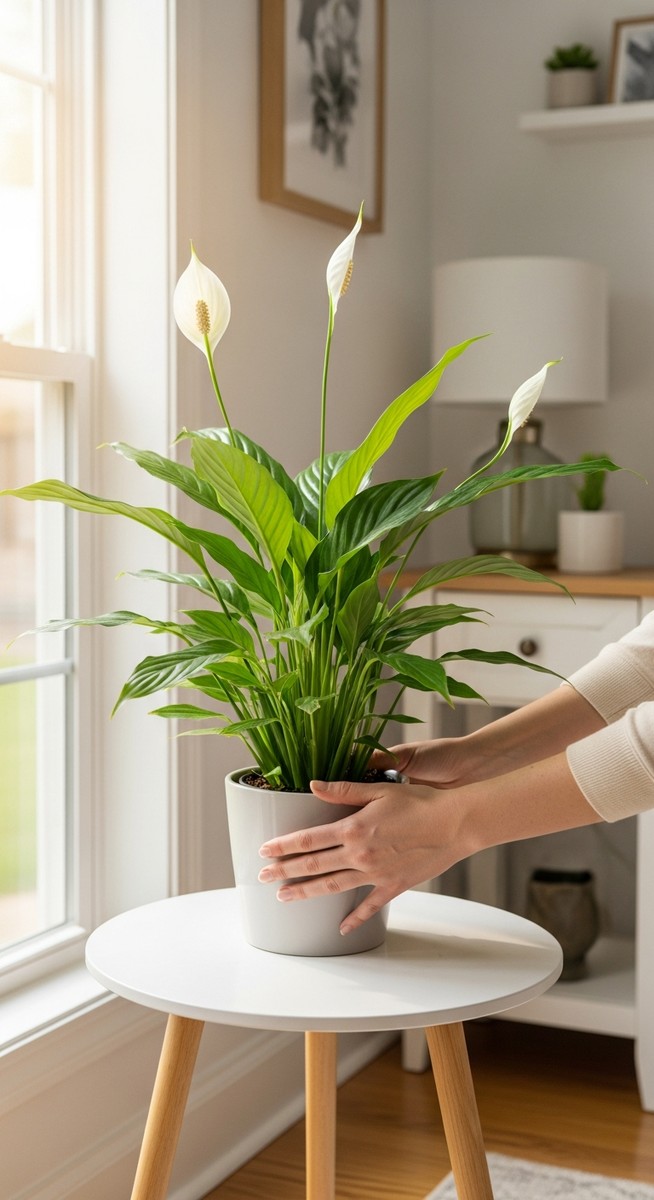 a person placing a peace lily in the ideal spot in a bright home interior, for peace lily light needs