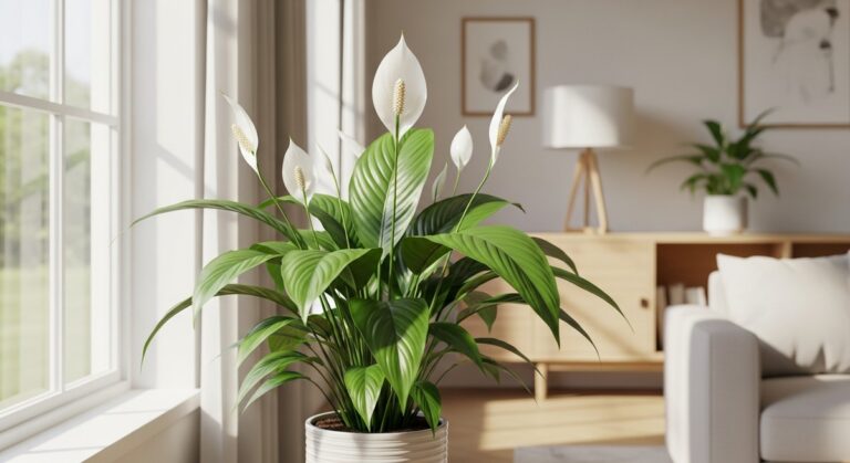 a peace lily looking healthy in a bright home interior, for peace lily light needs