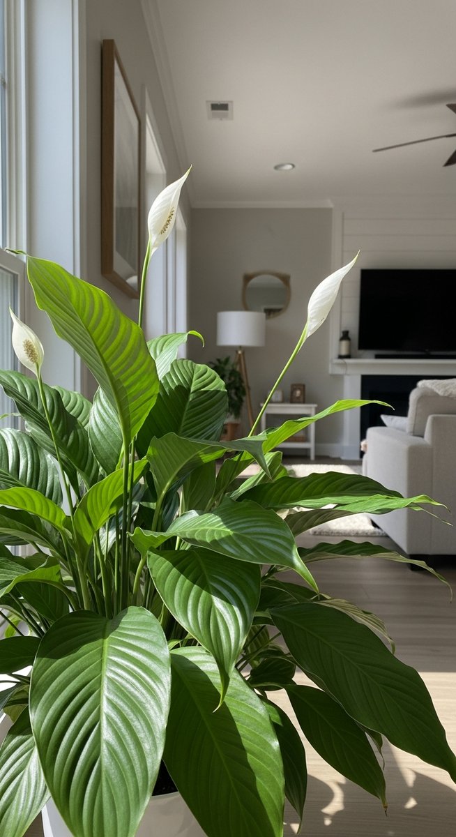 a peace lily with its leaves oriented toward the light in a bright home interior