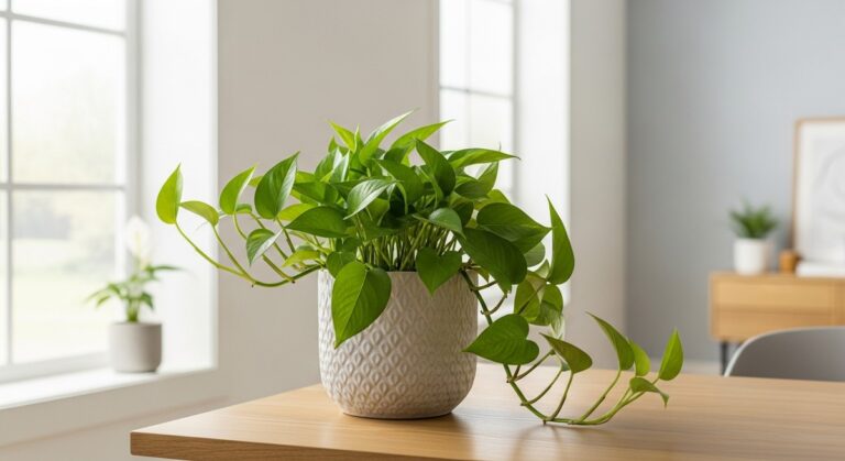 a healthy pothos plant displayed in a bright modern living room, for pearls jade pothos