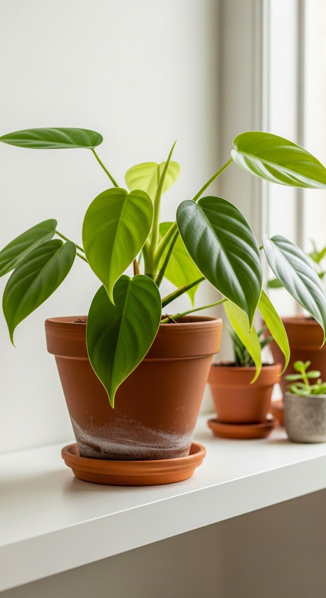 a lush philodendron plant in a terracotta pot on a white shelf