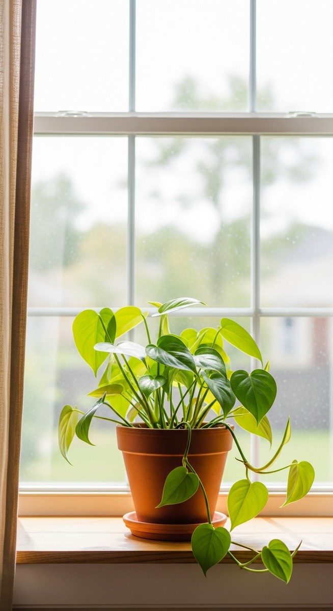a philodendron plant in a pot near a bright window
