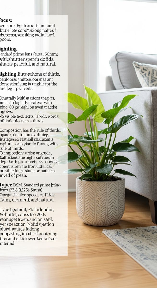 a philodendron plant in a decorative pot on a wooden floor