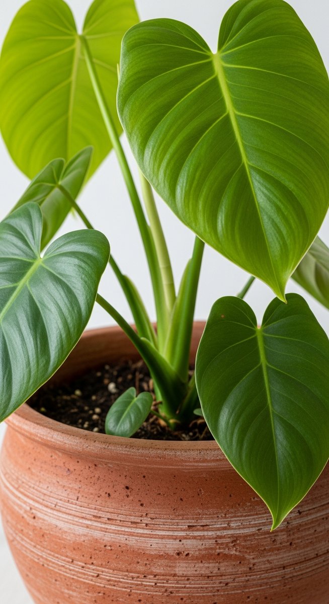 close-up of the base and lower leaves of a philodendron plant, for philodendron billietiae