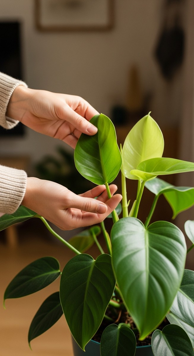 hands touching the leaves of a healthy philodendron plant