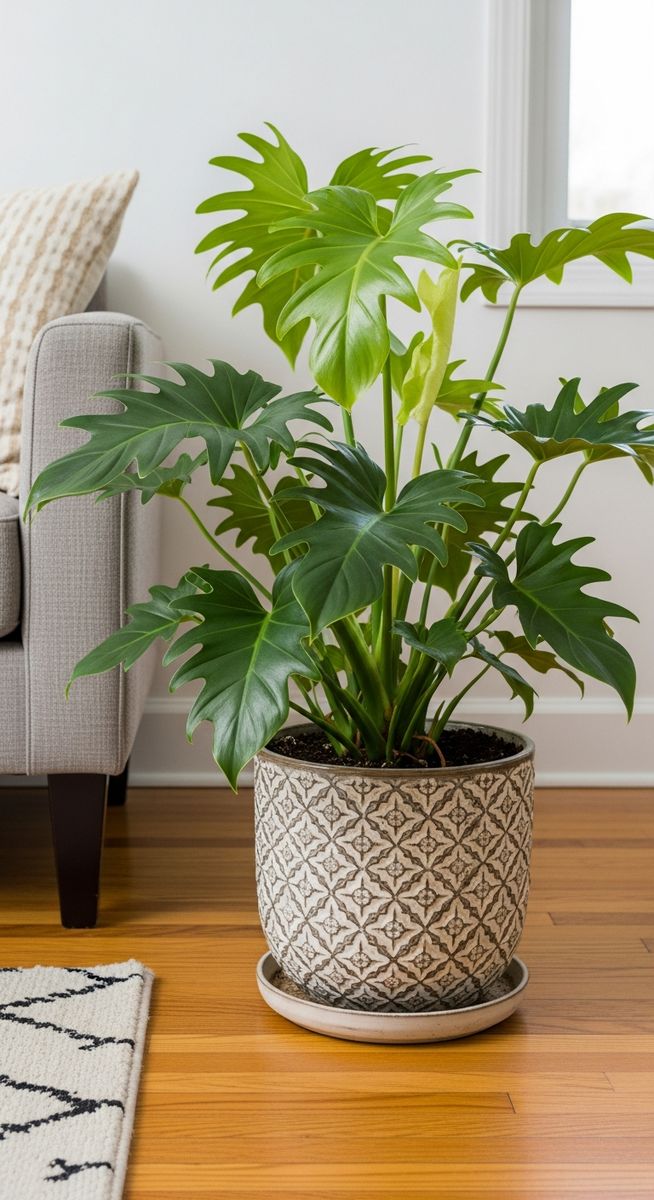 a philodendron plant in a decorative pot on a wooden floor