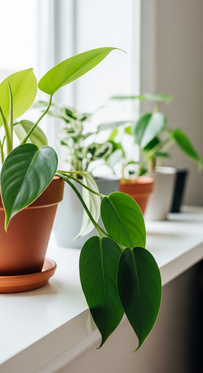 a lush philodendron plant in a terracotta pot on a white shelf