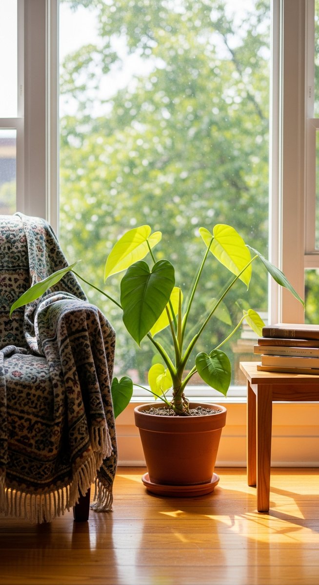 a philodendron plant in a pot near a bright window