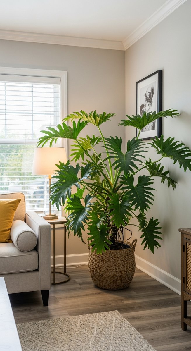 a large thriving philodendron plant as a living room focal point, for philodendron birkin