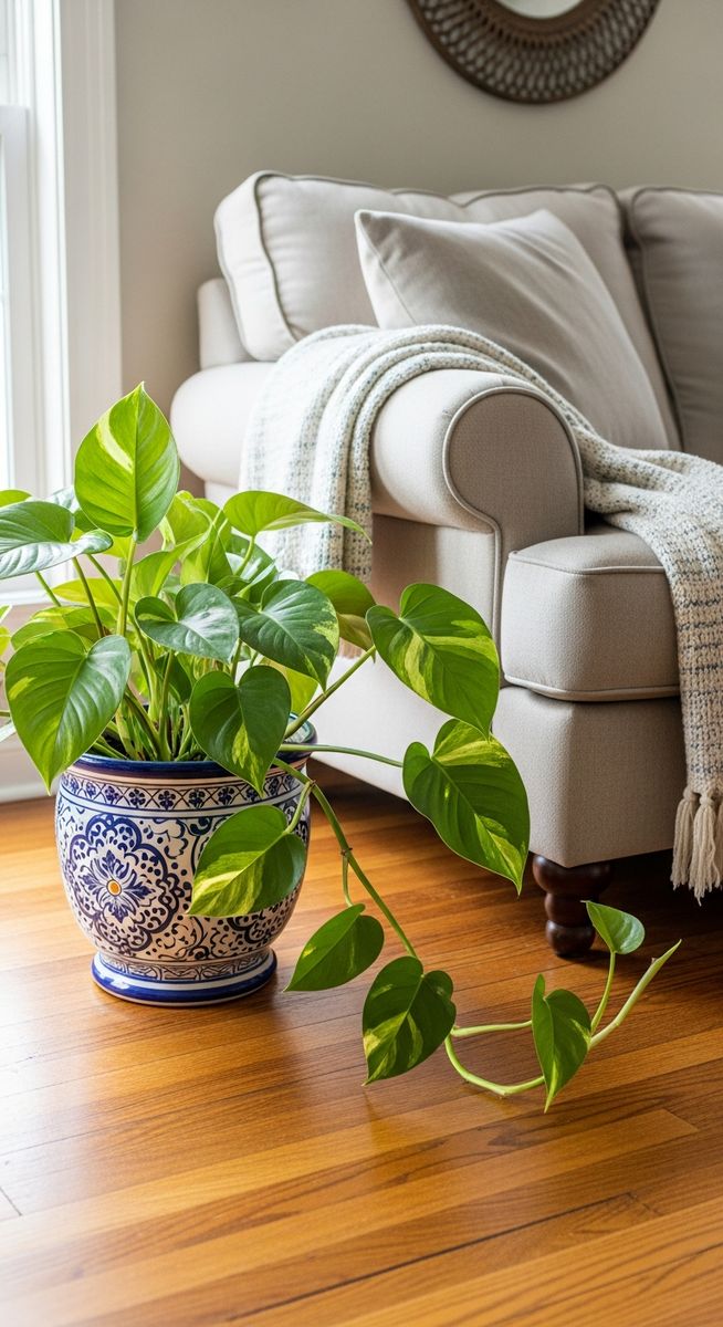 a philodendron plant in a decorative pot on a wooden floor