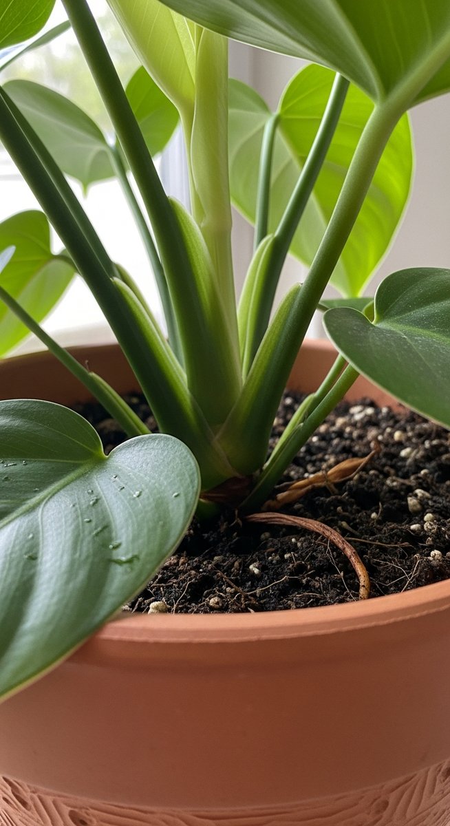 close-up of the base and lower leaves of a philodendron plant, for philodendron birkin