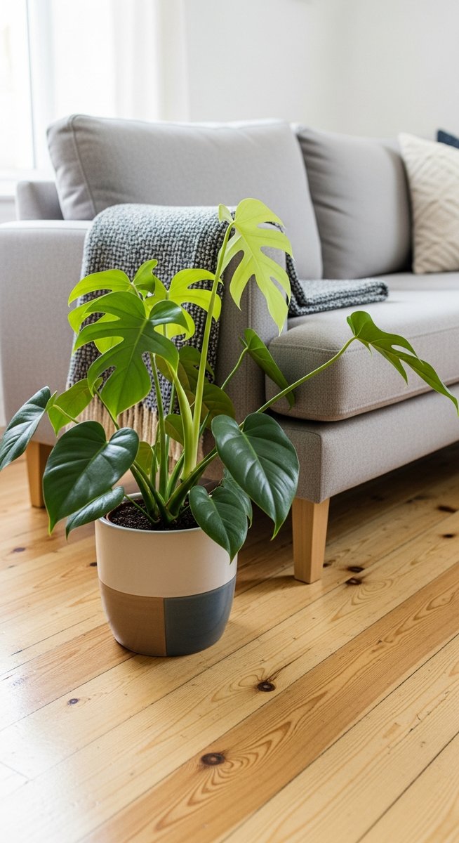 a philodendron plant in a decorative pot on a wooden floor