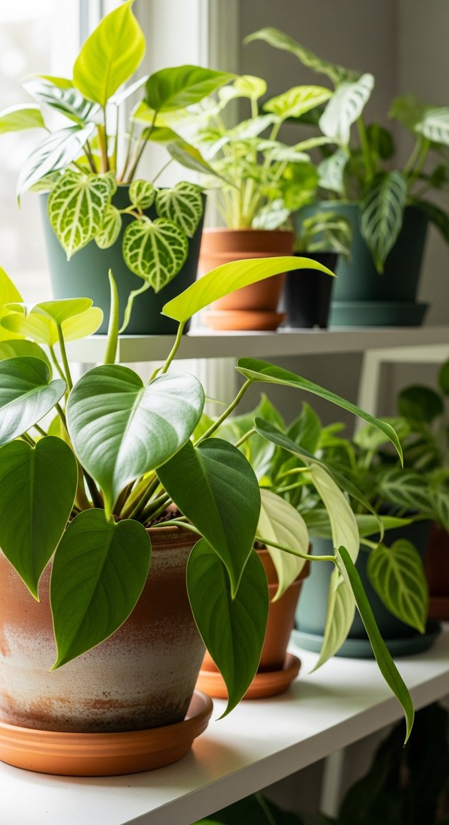 a lush philodendron plant in a terracotta pot on a white shelf