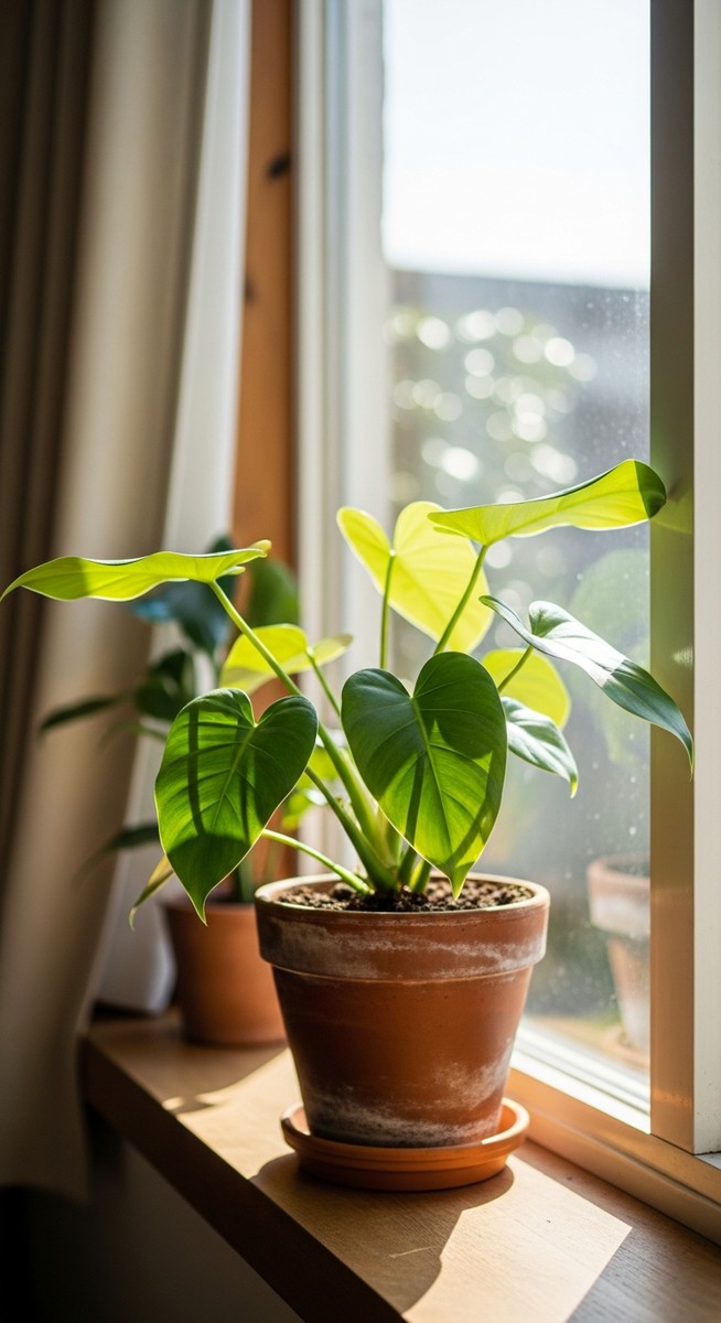 a philodendron plant in a pot near a bright window