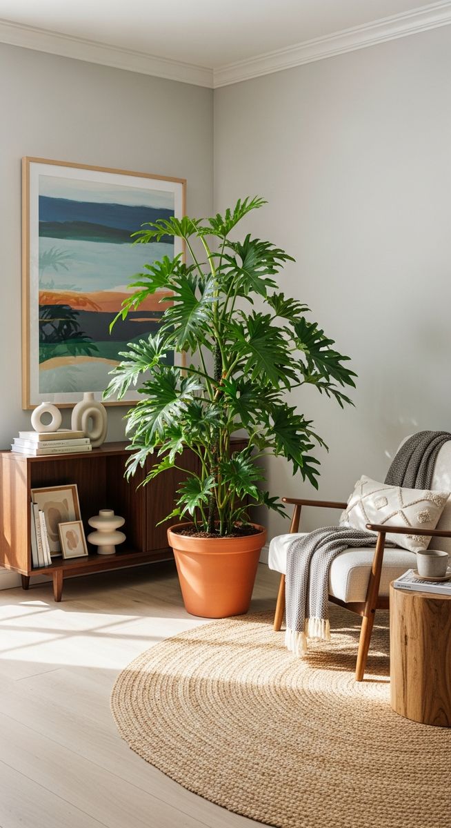 a large thriving philodendron plant as a living room focal point, for philodendron brasil