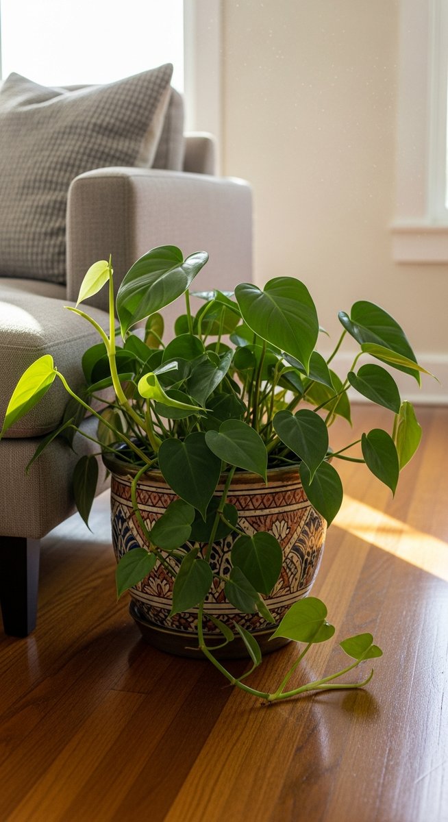 a philodendron plant in a decorative pot on a wooden floor