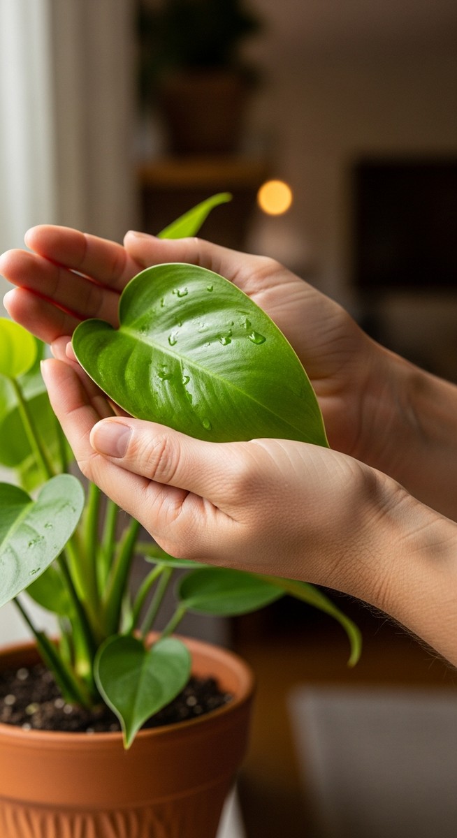 hands touching the leaves of a healthy philodendron plant