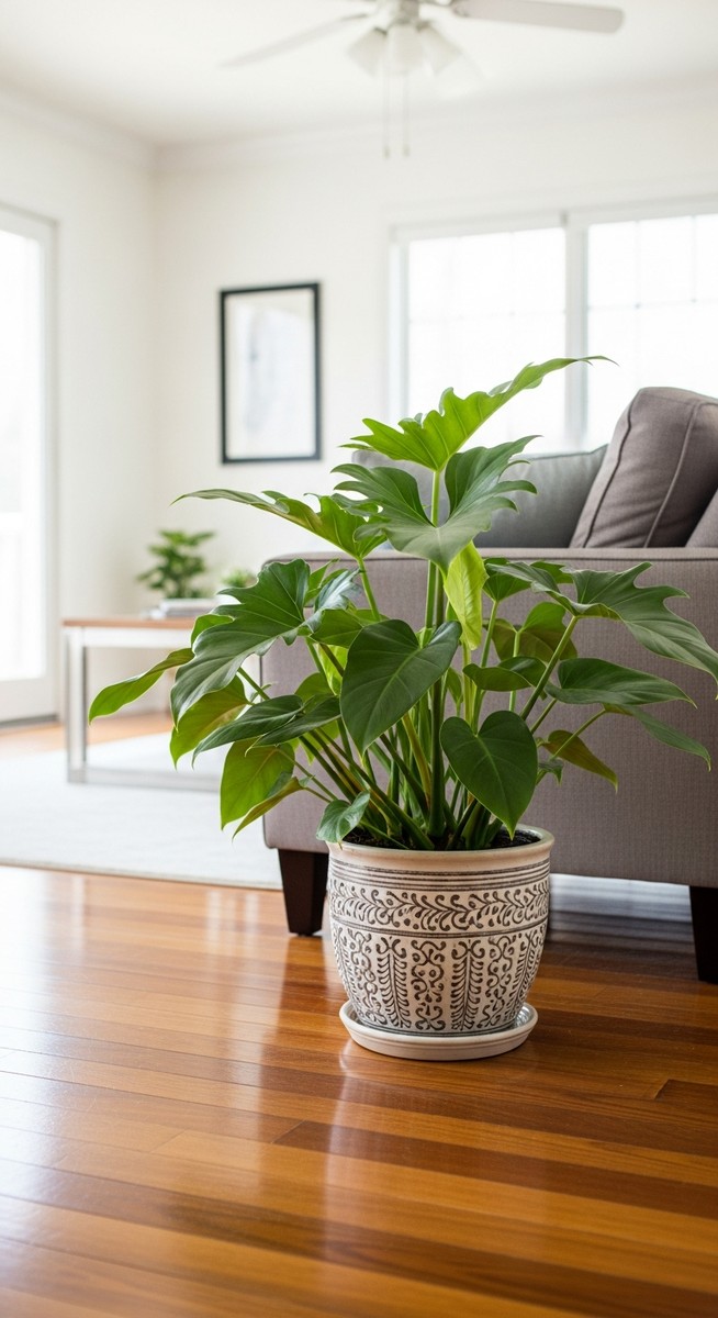 a philodendron plant in a decorative pot on a wooden floor
