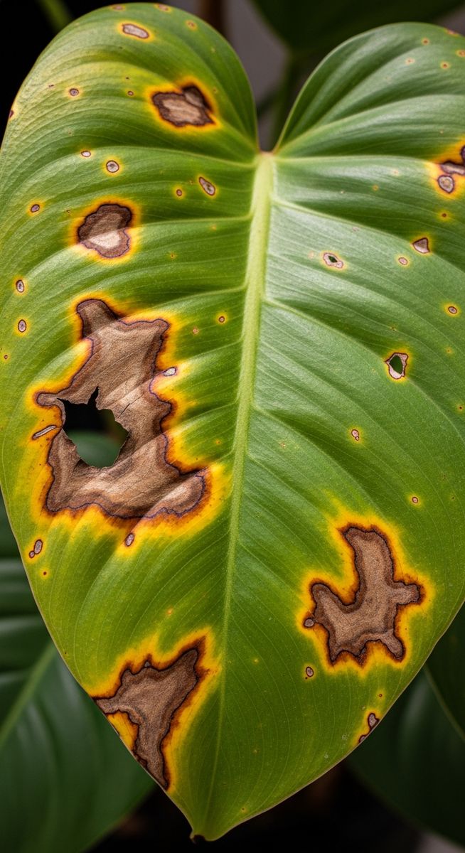 close-up of a single philodendron leaf with brown spots and discolouration, for philodendron brown spots