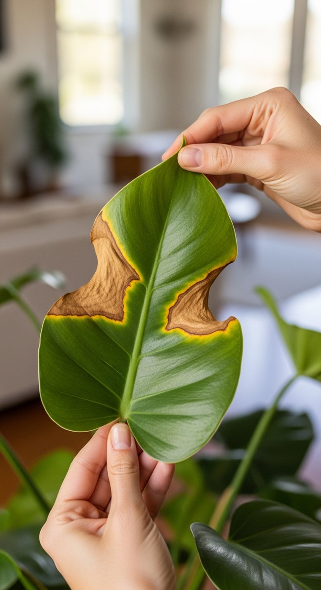 a person inspecting brown spots on a philodendron leaf