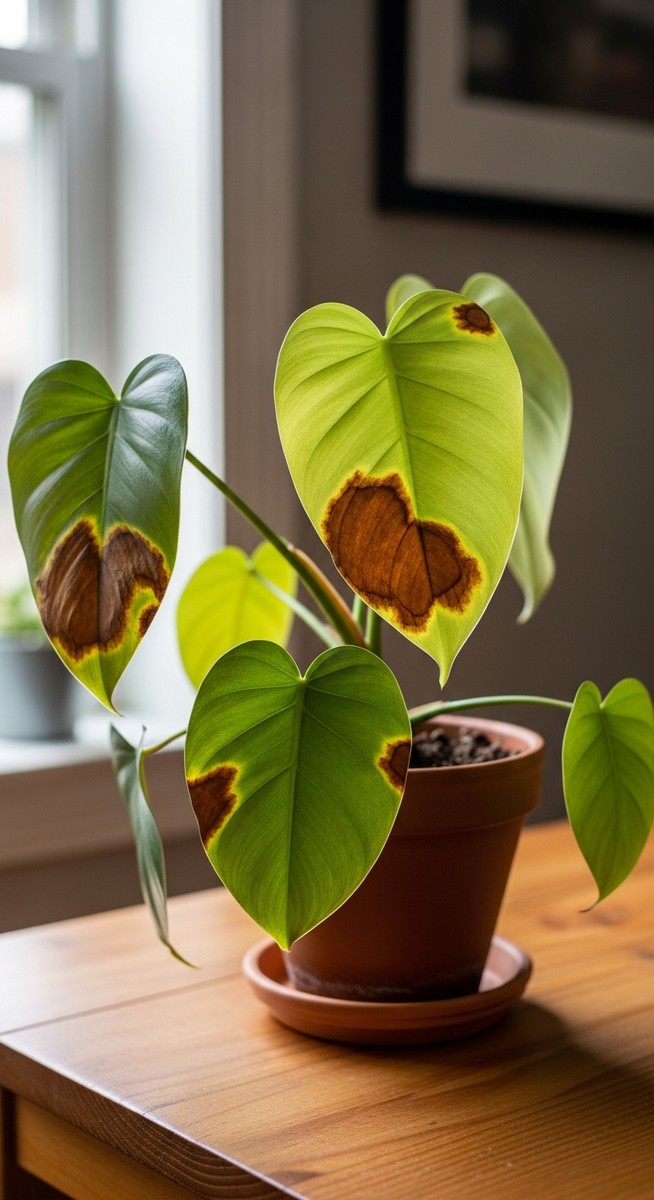a philodendron plant with brown spotted leaves in a home setting