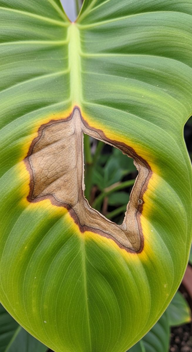 macro close-up of brown spot damage on a philodendron leaf, for philodendron brown spots