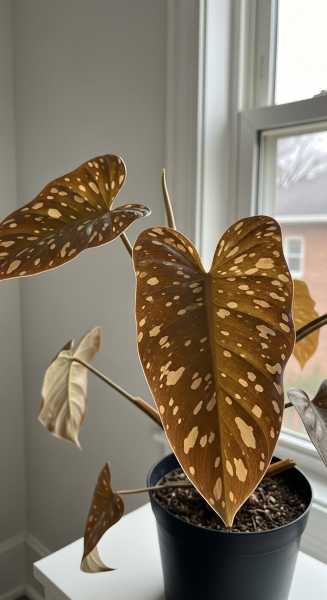a philodendron plant with brown spotted leaves in a home setting