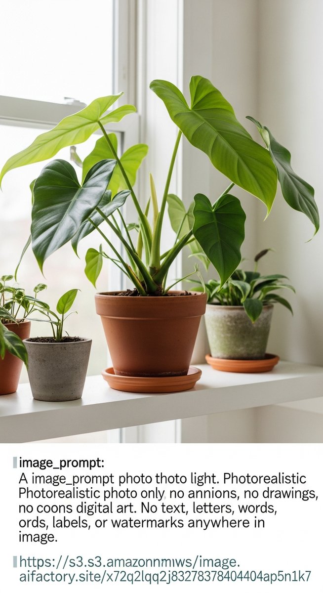 a lush philodendron plant in a terracotta pot on a white shelf